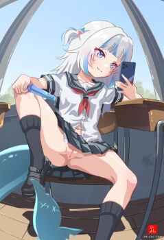 1girl :3 bite_mark blue_eyes blue_hair blue_nails blush cellphone chair classroom cleft_of_venus desk dr-alu female_focus fingernails fins fish_tail flashing floor food gawr_gura hair_ornament highres hololive hololive_english loli multicolored_hair nail_polish navel no_panties phone pleated_skirt popsicle pussy school_chair school_desk school_uniform serafuku shark_girl shark_hair_ornament shark_tail short_sleeves sitting skirt smartphone socks solo spread_legs stitches streaked_hair tail two-tone_hair two_side_up virtual_youtuber white_hair window wooden_floor