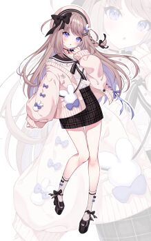 1girl :o black_bow black_bowtie black_choker black_sailor_collar black_shoes black_skirt blush bow bowtie brown_bow brown_hair cardigan choker commentary_request frilled_sailor_collar frills full_body hair_bow hair_ornament hairclip hand_up hat highres indie_virtual_youtuber long_hair long_sleeves looking_at_viewer nemupipi_(vtuber) open_cardigan open_clothes open_mouth parallel_hairclips pink_cardigan plaid_clothes plaid_skirt platform_shoes purple_eyes sailor_collar school_uniform serafuku shirt shoes simple_background skirt sleeves_past_wrists socks solo tatejima_uri virtual_youtuber white_background white_hat white_shirt white_socks zoom_layer