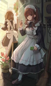 2girls apron arm_at_side black_dress black_nails box broom brown_eyes brown_hair brown_shoes cigarette cigarette_pack commentary_request dress expressionless fingernails full_body hand_up highres holding holding_box holding_cigarette indoors loafers long_hair looking_at_viewer maid_headdress multiple_girls nail_polish original parted_lips pink_hair plant potted_plant shoes sleeve_cuffs slice_of_life smoke smoking socks solo_focus standing white_apron white_socks yuuri_(0914yuuri_k)