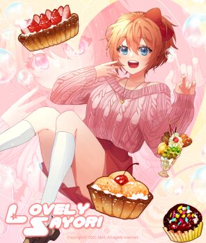 1girl blue_eyes bow bubble cable_knit character_name cherry chocolate commentary cream cupcake doki_doki_literature_club english_commentary food fruit heart highres ice_cream kneehighs looking_at_viewer pie pink_sweater red_bow red_ribbon red_skirt ribbon sayori_(doki_doki_literature_club) shoes short_hair skirt smile socks starlike6x6 strawberry sundae sweater white_socks
