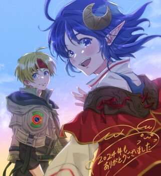 Rule 34 | 19670615t, 1boy, 1girl, 2024, ahoge, blonde hair, blue eyes, blue hair, blush, cape, claude c. kenny, closed mouth, cloud, crescent, crescent hair ornament, hair ornament, headband, jacket, looking at viewer, open mouth, pointy ears, red cape, rena lanford, short hair, smile, star ocean, star ocean: the second story