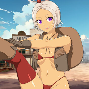 Rule 34 | bibchan, bikini, blue sky, boots, breasts, brown boots, brown gloves, brown hair, challengia, cloud, collarbone, cowboy boots, cowboy hat, cowgirl outfit, dark, dark-skinned female, dark skin, gloves, hair ornament, hat, looking at viewer, navel, nchans, nchans style, official art, open mouth, orcaleon, purple eyes, red bikini, red thighhighs, revealing clothes, short hair, sitting, sky, small breasts, swimsuit, thighhighs, town