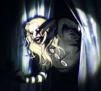 1girl absurdres arkartiart artist_name black_lips black_sclera blonde_hair blush_stickers buttons colored_sclera colored_skin commentary crying curtains english_commentary five_nights_at_freddy's five_nights_at_freddy's_2_(2025_movie) highres lisa_(fnaf) long_hair solo spotlight streaming_tears striped_sleeves tears teeth the_puppet_(fnaf) white_skin