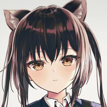 1girl akino_ell animal_ear_fluff animal_ears aznyan black_hair blazer blue_jacket blush brown_eyes cat_ears closed_mouth collared_shirt commentary_request grey_background hair_between_eyes jacket k-on! long_hair looking_at_viewer nakano_azusa necktie portrait red_necktie sakuragaoka_high_school_uniform school_uniform shirt sidelocks simple_background solo twintails white_shirt winter_uniform