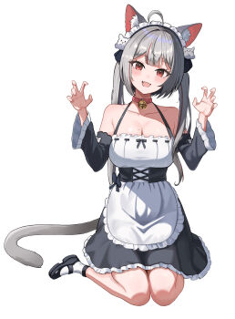 1girl absurdres ahoge animal_ear_fluff animal_ears apron bell black_dress black_shoes breasts cat_ears cat_girl cat_tail character_hair_ornament choppy_bangs claw_pose cleavage collar detached_sleeves dress fang frilled_apron frilled_dress frilled_sleeves frills full_body grey_hair hair_ornament hands_up hashtag-only_commentary highres kneeling large_breasts long_hair long_sleeves looking_at_viewer maid maid_apron maid_headdress maro_(neneko_mashiro) mary_janes miong2007 mole mole_on_breast multicolored_hair neck_bell neneko_mashiro open_mouth red_collar red_eyes shoes simple_background skin_fang sleeveless sleeveless_dress smile socks solo stellive streaked_hair tail virtual_youtuber white_apron white_background white_socks