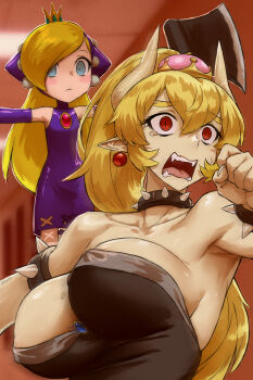 2girls areola_slip arm_up armlet armpits arms_up axe bare_shoulders blonde_hair blue_eyes blurry blurry_background blush_stickers bouncing_breasts bowsette bracelet breasts brooch closed_mouth collar collarbone covered_erect_nipples crown double-parted_bangs dress earrings fangs female_focus fingernails fleeing floating_boy_chasing_running_boy_(meme) furrowed_brow hair_between_eyes haraya_manawari highres horns indoors jewelry large_breasts long_hair looking_at_another mario_(series) mario_power_tennis mario_tennis meme microdress mini_crown multiple_girls new_super_mario_bros._u_deluxe nintendo open_mouth outstretched_arms pointy_ears red_eyes ringed_eyes running scared sharp_teeth sleeveless sleeveless_dress slit_pupils spiked_armlet spiked_bracelet spiked_collar spikes spread_arms staring strapless strapless_dress super_crown sweat t-pose tearing_up teeth very_long_hair warupeach wide-eyed