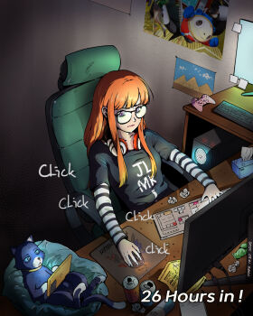 1girl black_shirt can cat chair computer computer_keyboard computer_mouse controller desk drink_can game_controller gaming_chair glasses gwangc headphones headphones_around_neck highres long_hair looking_at_screen monitor morgana_(cat)_(persona_5) morgana_(persona_5) mousepad_(object) orange_hair paper persona persona_5 playing_games playing_video_games purple_eyes sakura_futaba shirt snack soda_can swivel_chair tablet_pc tissue_box
