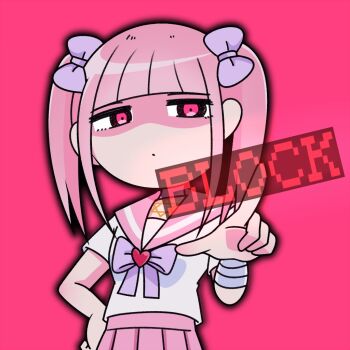 Rule 34 | 1girl, bandaged arm, bandages, black eyes, blunt bangs, bow, bowtie, choker, closed mouth, commentary request, english text, expressionless, ezaki bisuko, hair bow, hand on own hip, heart, hexagram, jewelry, jitome, menhera-chan (ezaki bisuko), menhera-chan (ezaki bisuko) (character), necklace, outer glow, pink background, pink hair, pink pupils, pink sailor collar, pink skirt, pink theme, purple bow, purple bowtie, purple choker, sailor collar, school uniform, serafuku, shaded face, short twintails, sidelocks, simple background, skirt, solo, star of david, twintails, upper body, white serafuku