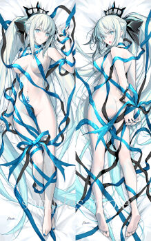 1girl arms_behind_back ass back black_bow black_ribbon blue_eyes blue_ribbon blush bow braid breasts closed_mouth commentary_request dakimakura_(medium) fate/grand_order fate_(series) full_body grey_hair hair_bow highres kousaki_rui large_breasts long_hair looking_at_viewer looking_back morgan_le_fay_(fate) morgan_le_fay_(third_ascension)_(fate) multiple_views naked_ribbon navel open_mouth ponytail ribbon sidelocks stomach_tattoo tattoo thighs tiara very_long_hair