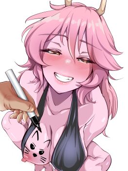 1girl 1other absurdres ashido_mina black_dress black_sclera blush boku_no_hero_academia breasts breasts_out chanwara_06 cleavage collarbone colored_sclera colored_skin commentary commentary_request drawing_(action) drawing_on_another dress from_above grin halterneck highres holding holding_marker horns large_breasts long_hair looking_at_viewer marker nipples paid_reward_available parted_lips pink_skin pov simple_background sitting smile solo_focus teeth white_background yellow_eyes yellow_horns