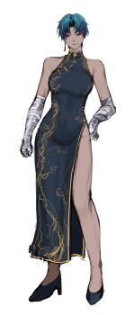 1girl bandaged_arm bandaged_hand bandages bare_shoulders blue_hair breasts china_dress chinese_clothes closed_mouth commentary corrupted_file covered_navel dark-skinned_female dark_skin dress earrings full_body grey_dress grey_shoes hand_on_own_hip highres jewelry looking_at_viewer mole mole_under_eye original parted_bangs red_eyes shoes short_hair simple_background single_earring sketch sleeveless sleeveless_dress small_breasts smile solo standing symbol-only_commentary tassel tassel_earrings tsurime ulularts white_background