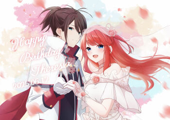 1boy 1girl absurdres blue_eyes blush bridal_veil bride brown_hair capelet couple dated dress falling_petals flower gloves green_eyes hair_flower hair_ornament happy_birthday hetero highres holding_hands jacket long_hair looking_at_viewer off-shoulder_dress off_shoulder open_mouth petals ponytail rain_re_a re:zero_kara_hajimeru_isekai_seikatsu red_hair rose smile theresia_van_astrea veil wedding wedding_dress white_dress white_gloves white_jacket wilhelm_(re:zero)