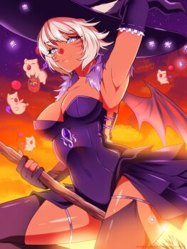 1girl animal_ears bat_wings breasts broom broom_riding cat_ears cat_girl cleavage dark-skinned_female dark_skin elbow_gloves facial_mark final_fantasy final_fantasy_xiv fingerless_gloves fur_trim gloves halloween halloween_costume hat highres large_breasts leotard looking_at_viewer mingway miqo&#039;te moogle purple_leotard purple_thighhighs thigh_strap thighhighs whisker_markings white_hair wings witch_hat y&#039;shtola_rhul