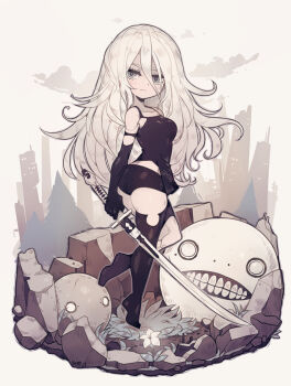 Rule 34 | 1girl, a2 (nier:automata), ass, boots, breasts, commentary, elbow gloves, english commentary, flower, gloves, grey eyes, highres, katana, long hair, looking at viewer, medium breasts, nier:automata, nier (series), parororo, revision, rubble, solo, sword, thigh boots, thighhighs, thighs, weapon, white hair