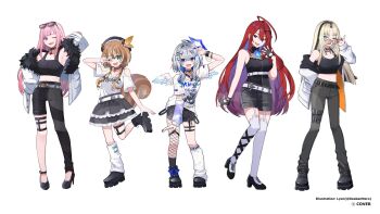5girls :d ;d adjusting_eyewear ahoge alternate_costume amane_kanata amane_kanata_(cutesy_punk) angel_wings animal_ears aqua_eyes arm_behind_head arm_up arm_warmers armpits asymmetrical_legwear asymmetrical_pants ayunda_risu belt beret black_belt black_boots black_collar black_gloves black_hat black_pants black_shirt black_shoes black_shorts black_skirt black_socks black_streaks black_tank_top blonde_hair blue_fire blue_hair blunt_bangs boots breasts brown_hair chest_harness clothing_cutout collar colored_inner_hair commentary_request crop_top curtained_hair dress elizabeth_rose_bloodflame eyewear_on_head feather-trimmed_jacket feathered_wings fingerless_gloves fire fire_on_chest fishnet_pantyhose fishnets frilled_dress frills full_body garter_straps gloves green_eyes grey_hair grey_pants hair_ornament hairclip halo hand_up harness hat high_heels highres hololive hololive_dev_is hololive_english hololive_indonesia huge_ahoge jacket koganei_niko large_breasts leg_warmers long_hair looking_at_viewer low_twintails mini_wings miniskirt mismatched_legwear mori_calliope multicolored_hair multiple_girls o-ring o-ring_harness off_shoulder official_alternate_costume official_alternate_hairstyle official_art one_eye_closed open_mouth orange-tinted_eyewear pants pantyhose pink-tinted_eyewear pink_eyes pink_hair pink_streaks platform_boots print_shirt purple_eyes red_eyes red_hair round_eyewear sample_watermark shirt shirt_tucked_in shoes short_shorts shorts shoulder_cutout sidelocks simple_background single_arm_warmer single_leg_pantyhose single_leg_warmer single_sleeve_past_fingers skirt sleeveless sleeveless_shirt smile socks socks_over_pantyhose squirrel_ears squirrel_girl squirrel_tail star_halo straight_hair streaked_hair sunglasses t-shirt tail tank_top thigh_strap thighhighs tinted_eyewear twintails v v_over_eye very_long_hair virtual_youtuber watermark white_background white_belt white_hair white_jacket white_leg_warmers white_shirt white_streaks white_thighhighs white_wings wings x_hair_ornament yamigirikuroko