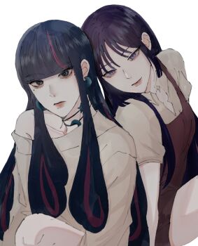2girls ada_(naruto) black_eyes black_hair blunt_bangs boruto:_two_blue_vortex brown_dress brown_sweater choker dress earrings expressionless highres ifevilwhyuhot jewelry kakei_sumire long_hair mole mole_under_each_eye mole_under_eye multicolored_hair multiple_girls multiple_moles naruto_(series) off_shoulder purple_eyes purple_hair sitting smile streaked_hair sweater two-tone_hair very_long_hair