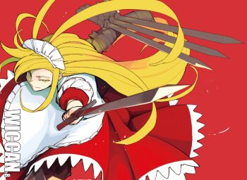 Rule 34 | 1girl, apron, blonde hair, commentary request, daitai konna kanji, female focus, holding, holding sword, holding weapon, long hair, looking at viewer, maid, maid headdress, puffy short sleeves, puffy sleeves, red background, sample watermark, short sleeves, solo, sword, touhou, touhou (pc-98), very long hair, watermark, weapon, white apron, white headwear, yellow eyes, yumeko (touhou)