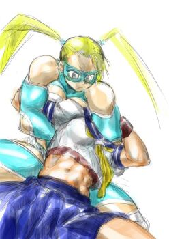 1990s_(style) 2girls abs blonde_hair blue_eyes blue_sailor_collar breasts cleavage cleavage_cutout clothing_cutout hey_(bluebell) kasugano_sakura large_breasts leotard mask midriff multiple_girls muscular muscular_female navel neck_hold rainbow_mika ryona sailor_collar school_uniform serafuku simple_background skirt street_fighter street_fighter_zero_(series) twintails wrestling wrestling_mask wrestling_outfit