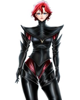 1girl absurdres alternate_costume belt boots breasts commentary elbow_gloves gloves hair_between_eyes highres jacket large_breasts leather leather_gloves leather_jacket leather_pants leather_suit lipstick looking_at_viewer makeup nagaomono pants parted_lips red_hair self-upload simple_background solo the_king_of_fighters thigh_boots thighhighs tight_clothes tight_pants vanessa_(kof) white_background