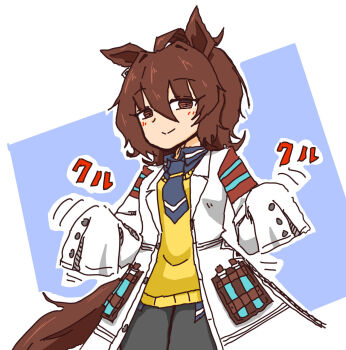 0840gannbru agnes_tachyon_(tach-nology)_(umamusume) agnes_tachyon_(umamusume) ahoge animal_ears chemical_structure earrings highres horse_ears horse_girl horse_tail huge_ahoge jewelry lab_coat necktie short_necktie single_earring sleeves_past_fingers sleeves_past_wrists sweater sweater_vest tail test_tube umamusume umamusume:_beginning_of_a_new_era wolf_cut yellow_sweater yellow_sweater_vest