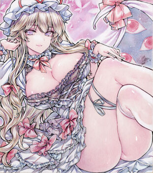 1girl absurdres alternate_costume ass blonde_hair breasts bug butterfly choker cleavage colored_pencil colored_pencil_(medium) commentary_request commission crossed_legs dated dress frilled_choker frills gap_(touhou) hair_ribbon hand_in_own_hair hand_on_own_knee hat highres insect large_breasts light_smile long_hair looking_at_viewer mob_cap monety no_panties pencil purple_eyes red_eyes ribbon signature single_thighhigh sitting solo thighhighs touhou traditional_media white_dress white_thighhighs wrist_cuffs yakumo_yukari