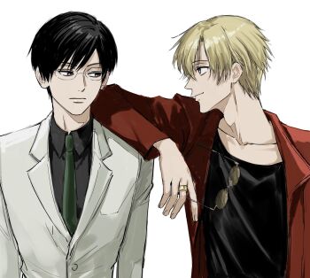 2boys arm_on_another&#039;s_shoulder black_hair black_shirt blonde_hair brown_eyes closed_mouth collarbone collared_shirt glasses gold_ring green_necktie highres jewelry looking_at_another male_focus multiple_boys necklace necktie ootori_kyouya ouran_high_school_host_club parted_bangs pocket red_shirt round_eyewear shirt short_hair side-by-side simple_background sso_s suou_tamaki unworn_eyewear upper_body white_background