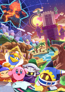Rule 34 | absurdres, armor, bandana, bandana waddle dee, blue bandana, cape, colored skin, gloves, highres, king dedede, kirby, kirby's return to dream land, kirby (series), magolor, mask, meta knight, nintendo, no humans, palm tree, pauldrons, pink skin, pom pom (clothes), rayman limbs, shoulder armor, solid oval eyes, star (symbol), tower, tree, watawata22, yellow eyes, yellow gloves