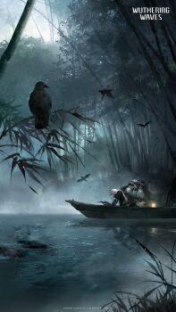 1boy absurdres bird black_bird black_hair canoe commentary copyright_notice drinking english_commentary highres logo long_hair male_focus official_art outdoors ponytail qiuyuan_(wuthering_waves) solo wide_shot wuthering_waves
