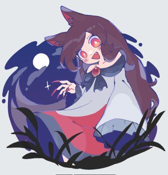 1girl animal_ears bare_shoulders brooch brown_hair cloud cloudy_sky commentary dark_foreground dress fang fingernails full_moon highres ikururu imaizumi_kagerou jewelry long_fingernails long_hair long_sidelocks long_sleeves monster_girl moon nail_polish night night_sky off-shoulder_dress off_shoulder open_mouth red_eyes red_nails sidelocks sky sleeves_past_fingers sleeves_past_wrists solo sparkle symbol-only_commentary touhou wolf_ears wolf_girl