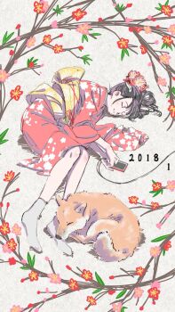 Rule 34 | 1girl, 2018, black hair, chinese zodiac, commentary request, dog, flower, hair flower, hair ornament, highres, japanese clothes, kimono, lying, new year, on side, original, red kimono, saitama (antitankromeo), sketch, sleeping, socks, year of the dog
