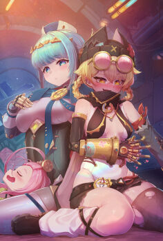 3girls absurdres aino_(genshin_impact) animal_ear_headwear bare_shoulders beanie black_hat blonde_hair blue_eyes blue_hair blush breasts closed_eyes commentary_request fake_animal_ears genshin_impact goggles goggles_on_head hat highres holding_hands ineffa_(genshin_impact) jahoda_(genshin_impact) large_breasts long_hair looking_at_viewer medium_breasts multiple_girls open_mouth pemosuke pink_hair smile thighs yellow_eyes yuri
