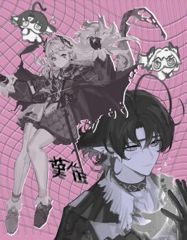 1boy 1girl ahoge air_bubble ammunition_belt anklet arknights arm_up armor bandolier belt boots bubble capelet chibi chibi_inset chromatic_aberration closed_mouth coat collar distortion earrings fish floating_hair freckles front-seamed_legwear full_body gloves glowing greyscale grid_background half-closed_eyes hand_in_own_hair hand_up head_wings highres infection_monitor_(arknights) irene_(arknights) jewelry light_blush long_hair long_sleeves looking_at_another looking_at_viewer lumen_(arknights) monochrome multicolored_hair pantyhose pauldrons pink_background pointy_ears portrait prngrs puffy_long_sleeves puffy_sleeves rapier scar scar_across_eye scar_on_face seamed_legwear sheath sheathed shell shell_earrings short_bangs short_eyebrows shoulder_armor sideways_glance single_pauldron skirt sleeve_cuffs smile spot_color static sword two-tone_hair weapon wings