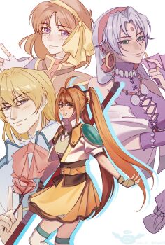 1boy 3girls anelace_elfead antenna_hair armor blonde_hair brown_gloves cropped_jacket dark-skinned_female dark_skin eiyuu_densetsu estelle_bright facial_mark falcom fingerless_gloves forehead_jewel forehead_mark gloves hair_intakes highres multiple_girls olivert_reise_arnor orange_skirt pauldrons scherazard_harvey shoulder_armor simple_background skirt sora_no_kiseki staff tangmen_igo twintails white_hair