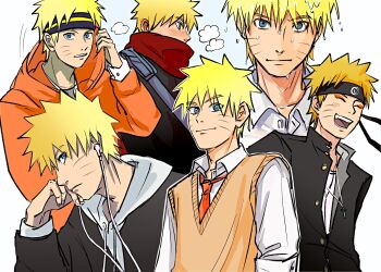1boy alternate_universe black_headband black_jacket blonde_hair blue_eyes commentary_request earphones gakuran headband highres hood hoodie jacket jacket_over_hoodie male_focus naruto_(series) naruto_shippuuden necktie notane_n open_mouth orange_hoodie orange_necktie orange_sweater_vest red_scarf scarf school_uniform smile sweater_vest uzumaki_naruto wet wet_hair white_hoodie
