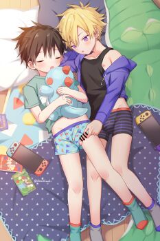 00tuma00 2boys ankle_socks artist_name bar_censor black_hair blonde_hair blush boxer_briefs boxers bulge censored closed_eyes clothing_aside dinosaur dinosaur_print earrings erection green_socks grey_socks handheld_game_console handjob highres jewelry lying male_focus male_underwear male_underwear_aside midriff multiple_boys navel nintendo nintendo_switch nipple_slip nipples original penis pillow print_boxer_briefs print_boxers print_clothes print_male_underwear print_underwear purple_eyes short_hair shota sleep_molestation sleeping socks star_(symbol) star_print strap_slip striped_boxer_briefs striped_male_underwear stuffed_animal stuffed_toy testicle_peek testicles underwear yaoi