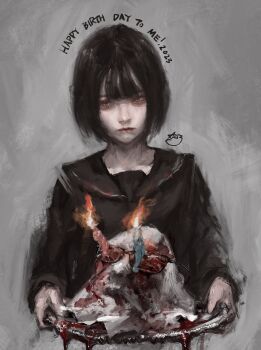 Rule 34 | 1girl, aegyo sal, arai bokuseki, black eyes, black hair, black sailor collar, blood, blood splatter, blunt bangs, bob cut, body horror, candle, commentary request, fire, glasses, happy birthday, head tilt, highres, holding, holding plate, looking at viewer, original, plate, sailor collar, short hair, skull