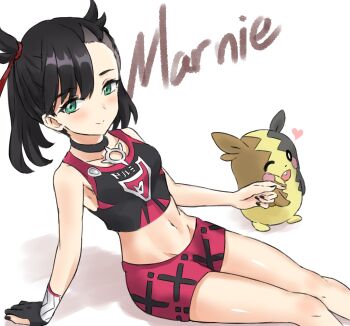 1girl absurdres asymmetrical_bangs black_choker black_hair black_nails breasts character_name choker closed_mouth collarbone commentary crop_top dynamax_band english_commentary gen_8_pokemon gloves green_eyes highres jin_(7kijin) marnie_(pokemon) midriff morpeko morpeko_(full) navel nintendo pokemon pokemon_(creature) pokemon_swsh short_shorts shorts single_glove sitting small_breasts smile thighs twintails undercut