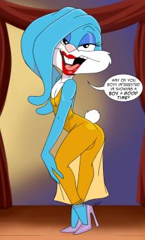 1boy aeolus blue_fur blue_hair bulge buster_bunny crossdressing crossdressing_(mtf) curtains dress furry gold_dress high_heels highres male_focus purple_heels rabbit rabbit_ears speech_bubble third-party_edit tiny_toon_adventures