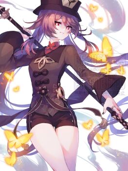 1girl brown_hair brown_hat brown_shirt brown_shorts closed_mouth flower-shaped_pupils genshin_impact hair_between_eyes hat highres holding holding_behind_back holding_polearm holding_polearm_behind_back holding_weapon holding_weapon_behind_back hu_tao_(genshin_impact) long_hair long_sleeves polearm red_eyes shirt shorts smile solo symbol-shaped_pupils thistle_lapis very_long_hair weapon