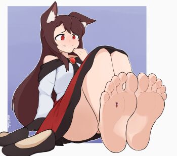 2girls animal_ears ass bare_shoulders barefoot blue_background blue_bow bow brooch brown_footwear brown_hair cloak closed_mouth commentary dress english_commentary fang feet flats foot_focus full_body fur-trimmed_sleeves fur_trim giant giantess hair_bow hand_on_own_chin highres imaizumi_kagerou jewelry long_hair long_sleeves multiple_girls off-shoulder_dress off_shoulder on_floor red_cloak red_eyes red_skirt sekibanki shoes unworn_shoes simple_background single_sidelock sitting skirt smile softhanten soles square straight_hair swept_bangs toes touhou twitter_username two-tone_background white_background white_dress wolf_ears wolf_girl