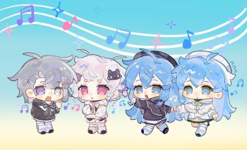 4girls :d :o ahoge black_bow black_bowtie black_hat black_shirt black_shoes blue_background blue_eyes blue_hair blush_stickers bow bowtie cat_hair_ornament chibi chibi_only double-parted_bangs full_body gradient_background hair_between_eyes hair_ornament hat he_dian_dounai_ba heterochromia highres holding_hands long_hair long_sleeves multiple_girls musical_note musical_staff open_mouth original pink_eyes purple_eyes shirt shoes shorts smile socks standing standing_on_one_leg striped_bow striped_bowtie striped_clothes thick_eyebrows white_bow white_bowtie white_eyes white_hat white_shirt white_shorts white_socks yellow_background