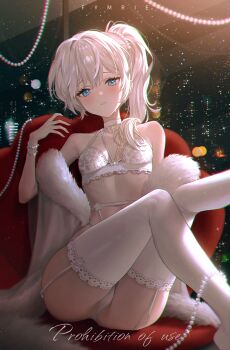 1girl ass bare_shoulders bead_bracelet beads blue_eyes bra bracelet breasts choker closed_mouth commission expressionless feather_boa fymrie garter_straps halterneck hand_up highres jewelry lace lace-trimmed_bra lace-trimmed_thighhighs lace_trim legs_up lingerie long_hair looking_at_viewer min_yeohee multi-strapped_bra off_shoulder original panties side_ponytail sitting small_breasts solo sweatdrop thighhighs thighs underwear underwear_only white_bra white_choker white_hair white_panties white_thighhighs