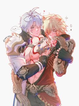 2boys absurdres animal_ears antenna_hair arm_tattoo armlet armor black_choker black_coat black_gloves black_shirt blonde_hair blue_eyes braid cat_boy cat_ears chest_tattoo choker clawed_gauntlets coat commentary dog_boy dog_ears earrings facial_tattoo fingerless_gloves gloves gold_earrings gold_necklace grabbing_from_behind gradient_hair highres honkai:_star_rail honkai_(series) jewelry male_focus medium_hair mmaicaron multicolored_hair multiple_boys mydei_(honkai:_star_rail) neck_tattoo necklace open_clothes open_coat parted_bangs pauldrons pectoral_grab phainon_(honkai:_star_rail) red_hair red_tattoo shirt short_hair shoulder_armor side_braid single_glove single_pauldron sun_symbol sun_tattoo tan tattoo white_coat white_hair yaoi yellow_eyes