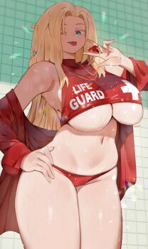 1girl bikini blonde_hair blue_eyes breasts chain chain_necklace covered_collarbone covered_erect_nipples cowboy_shot eyebrows_hidden_by_hair forehead from_below hair_over_one_eye hand_on_own_hip highres holding holding_whistle huge_breasts jewelry lens_flare lifeguard long_hair looking_at_viewer navel necklace one-hour_drawing_challenge one_eye_closed original parted_hair plump red_bikini ryusei_hashida skindentation sleeveless solo swimsuit taut_clothes thick_thighs thighs tile_wall tiles tongue tongue_out towel tsurime turtleneck underboob very_long_hair w wet whistle whistle_around_neck