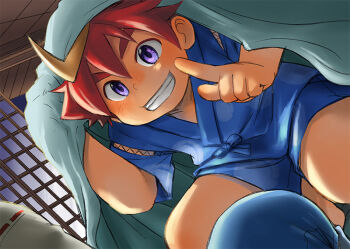 2boys ahoge artist_self-insert blue_kimono blue_pants blue_shirt blue_shorts blush commentary_request izumi_(tamacolle) japanese_clothes kimono kimoto_hajime male_focus multicolored_hair multiple_boys pants protagonist_(tamacolle) purple_eyes shirt shorts shouji sliding_doors smile squatting streaked_hair tamacolle