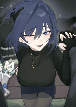 Rule 34 | 1girl, 1other, absurdres, bench, black gloves, black shirt, blue eyes, blue hair, blue skirt, bouquet, breasts, flower, flying sweatdrops, gloves, hair intakes, hand on another's head, headpat, highres, holding hands, hololive, hololive english, hunk 404, interlocked fingers, jewelry, large breasts, long sleeves, looking at viewer, necklace, on bench, one eye closed, open mouth, ouro kronii, pantyhose, pov, pov hands, shirt, short hair, sitting, skirt, solo focus, virtual youtuber