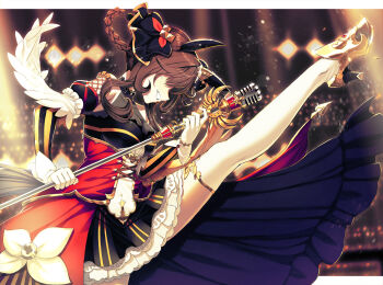 1girl animal_ears bare_shoulders black_dress braid braided_hair_rings breasts brown_hair cleavage closed_eyes corset detached_sleeves dress ear_covers ear_ornament gentildonna_(regina_dei_fiori)_(umamusume) gentildonna_(umamusume) gloves hair_between_eyes hair_ornament hair_rings heart-shaped_ornament heart_ear_ornament highres holding holding_microphone horse_ears horse_girl horse_tail itou_(onsoku_tassha) large_breasts leg_up long_hair microphone microphone_stand open_mouth red_corset see-through_cleavage see-through_clothes shoes smile solo sweat tail teeth thighhighs umamusume white_gloves white_thighhighs