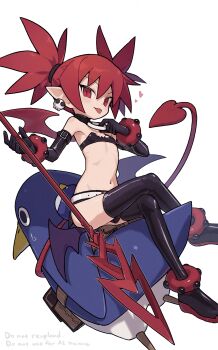 1girl :< :p absurdres adjusting_choker anklet armpits bandeau bangle bare_shoulders bird black_bandeau black_choker black_gloves boots bracelet choker closed_mouth commentary_request crossed_legs demon_girl demon_tail demon_wings disgaea dot_nose earrings elbow_gloves english_text etna_(disgaea) flat_chest full_body gloves hair_between_eyes heart highres jewelry lance linea_alba loli looking_at_viewer makai_senki_disgaea medium_hair miniskirt navel peg_leg pencil_skirt pendant_choker penguin pointy_ears polearm prinny purple_wings red_eyes red_hair red_wings ribs side_slit sidelocks simple_background sitting_on_animal skirt skull_earrings slit_pupils straight_hair sweatdrop tail thigh_boots tongue tongue_out tsurime twintails weapon white_background wings zizi_niisan