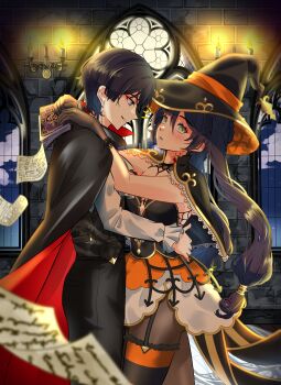 1boy 1girl absurdres alternate_costume arm_around_waist arms_around_neck black_cape black_capelet black_dress black_eyes black_garter_straps black_gloves black_hair black_pants black_pantyhose black_thighhighs black_vest blunt_ends book braid braided_twintails candle cape capelet cloud cloudy_sky crinoline dress eyeliner eyeshadow from_side fur-trimmed_thighhighs fur_trim garter_straps genshin_impact gloves gold_trim green_eyes grimoire hair_between_eyes hand_on_another&#039;s_back hands_on_another&#039;s_shoulders hat hetero highres holding holding_book indoors lace lace_gloves long_hair long_sleeves looking_at_another looking_at_viewer looking_down makeup meisaki mona_(genshin_impact) night night_sky orange_skirt orange_thighhighs pants pantyhose paper parted_bangs parted_lips ponytail_holder red_eyeliner red_eyeshadow scaramouche_(genshin_impact) sidelocks sideways_glance skirt sky sleeveless sleeveless_dress smile spider_web_pattern standing strapless strapless_dress thigh_strap thighhighs twintails vest white_mouth white_skirt white_sleeves window witch_hat