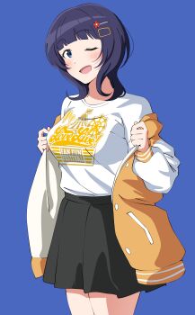 1girl ;d absurdres asaka_karin black_skirt blue_background blue_eyes blunt_bangs commentary flower_hairpin highres jacket letterman_jacket long_sleeves looking_at_viewer love_live! love_live!_fan_fun_festival love_live!_nijigasaki_high_school_idol_club miniskirt off_shoulder official_alternate_costume one_eye_closed open_clothes open_jacket open_mouth orange_jacket pleated_skirt purple_hair shirt simple_background skirt smile solo uchuu_no_mozuku white_shirt